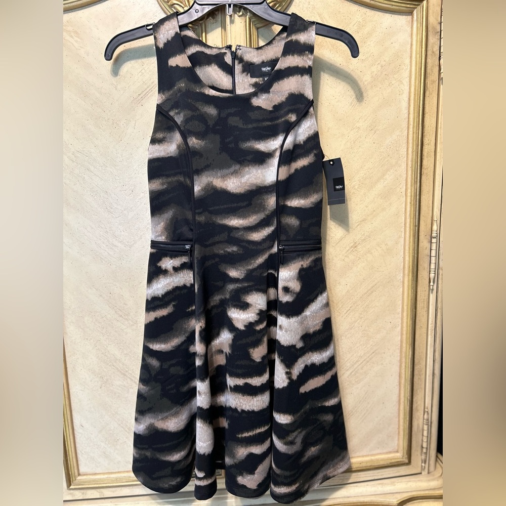 Mossimo Black Green Tan Camo Side Zippers Flared Sleeveless Dress NEW NWT
